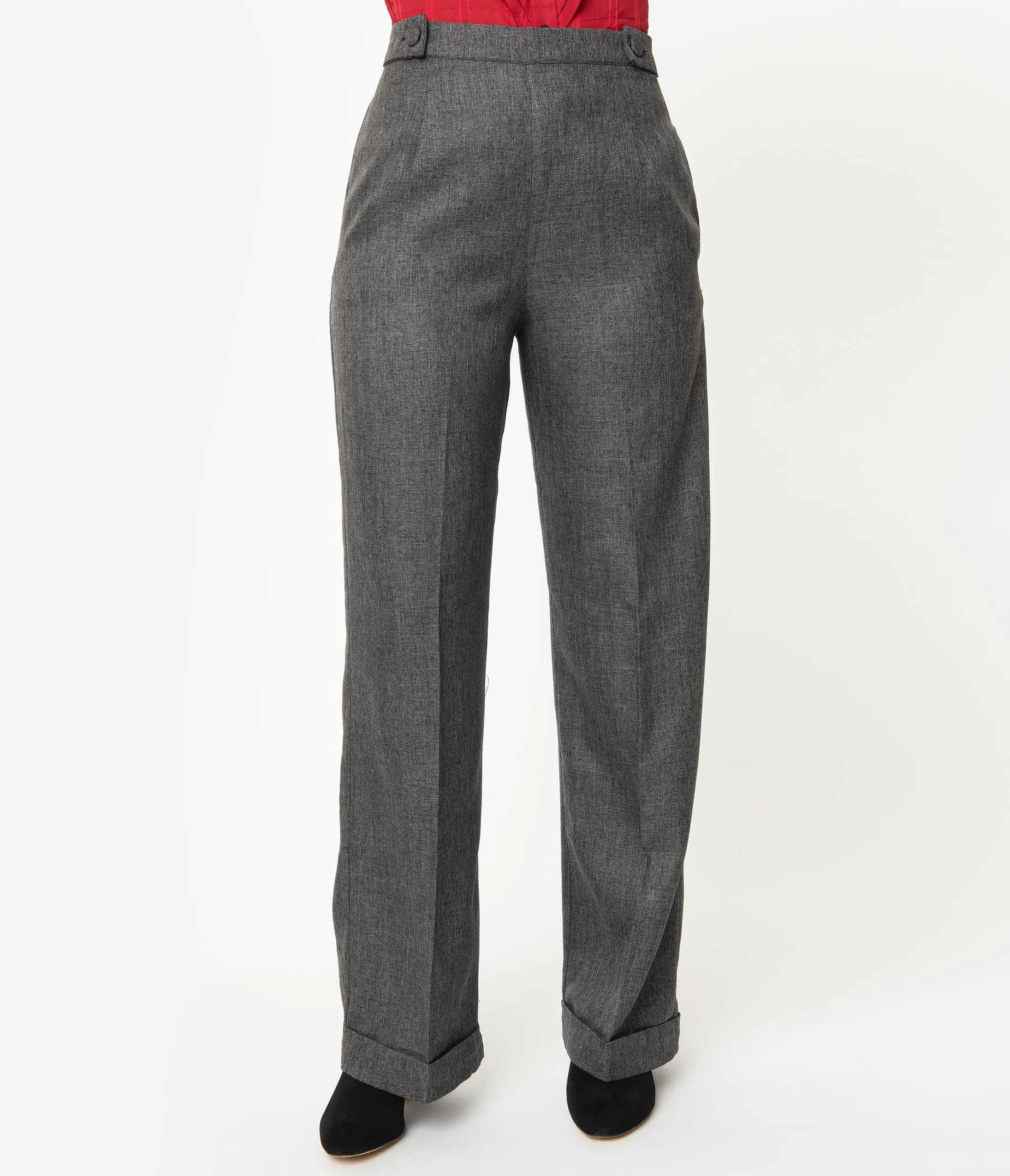 1940s Grey Woven Button Tab High Waist Pants