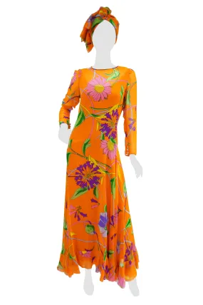 1970s Orange Floral Bias Cut Semi Sheer Dress with Oversized Shawl