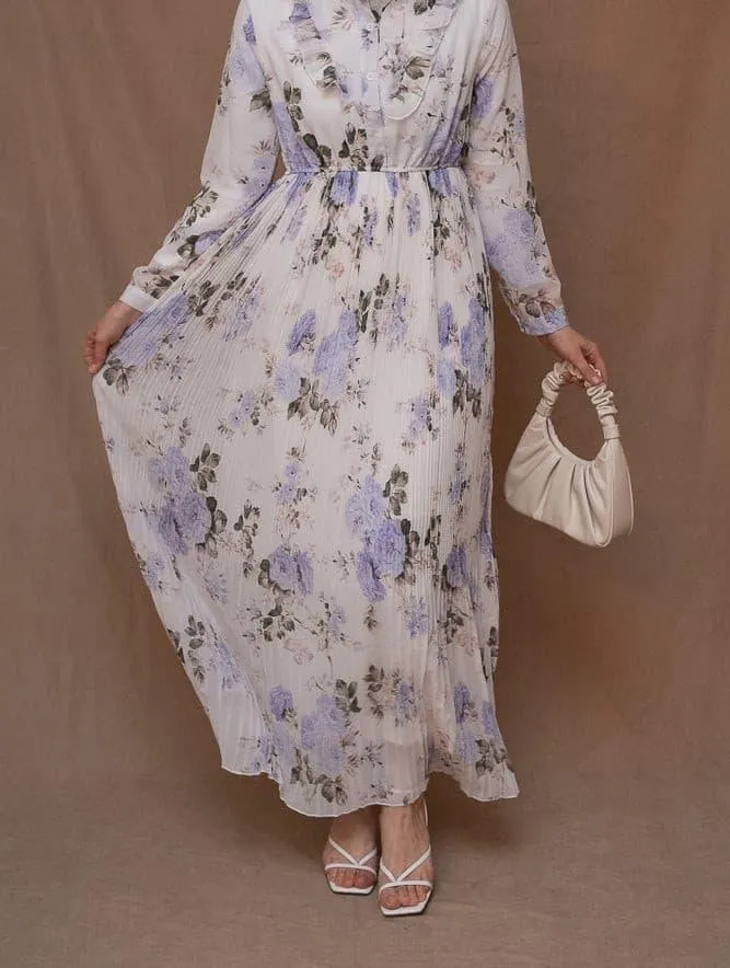 Amorita chiffon floral pleated dress with maxi sleeve and ruffled top in white