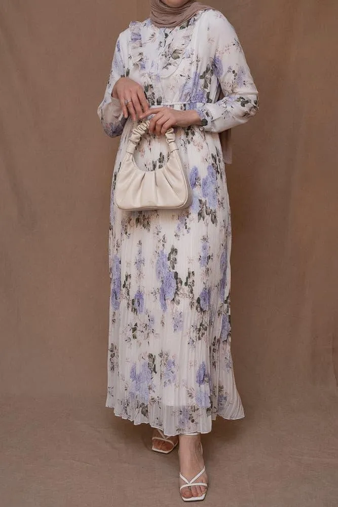 Amorita chiffon floral pleated dress with maxi sleeve and ruffled top in white