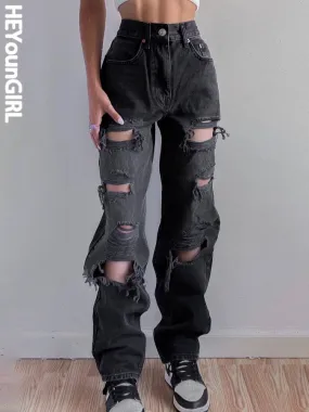 Amozae- Holes Casual Black Ripped Jeans Woman Harajuku High Waist Denim Trousers Vintage Distressed Pants Capri Summer