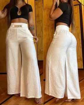 Amozae Women's Pants 2023 Spring Fashion Chain Decor High Waist Casual Plain Pocket Design Daily Wide Leg Long Pants Y2K Streetwear