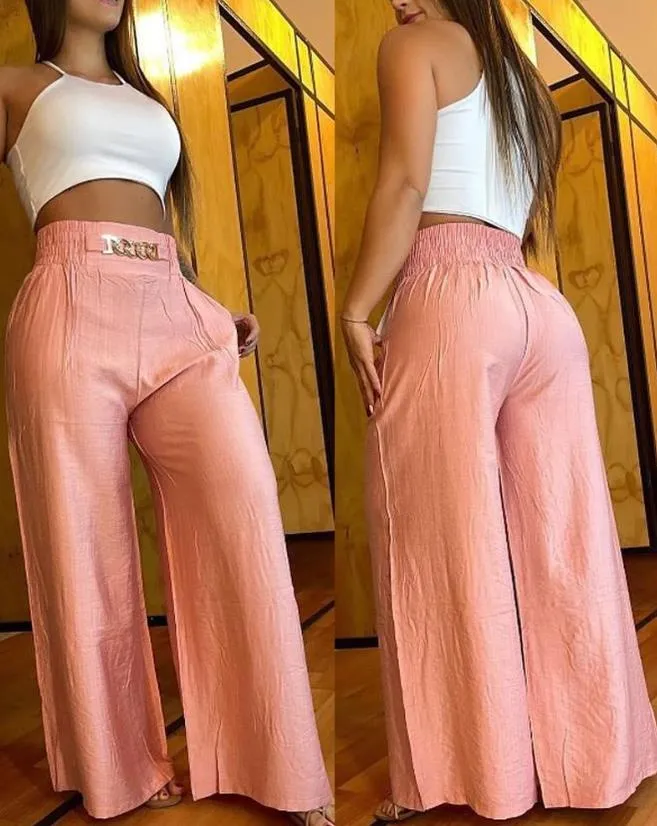 Amozae Women's Pants 2023 Spring Fashion Chain Decor High Waist Casual Plain Pocket Design Daily Wide Leg Long Pants Y2K Streetwear