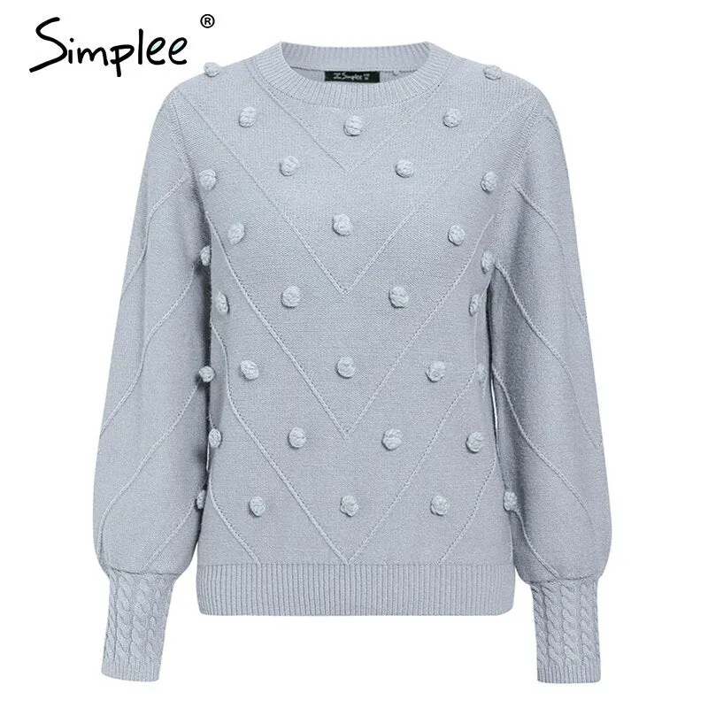 Back to College Joskaa Elegant fur pompon women sweater Autumn winter lantern sleeve knitted sweater female Streetwear ladies pullover jumper