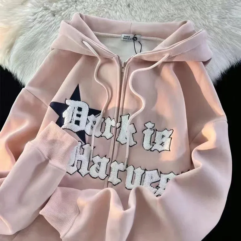 Back To School Joskaa 2024 New Kawaii Zip Up Hoodie Women Y2K Oversized Harajuku Star Patchwork Sweatshirt Man Anime Hoodie Jacket Coat Streetwear