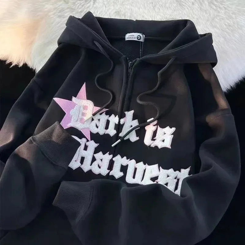 Back To School Joskaa 2024 New Kawaii Zip Up Hoodie Women Y2K Oversized Harajuku Star Patchwork Sweatshirt Man Anime Hoodie Jacket Coat Streetwear