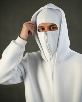 Balaclava White Relaxed Fit Fleece Zip Up Hoodie For Men's