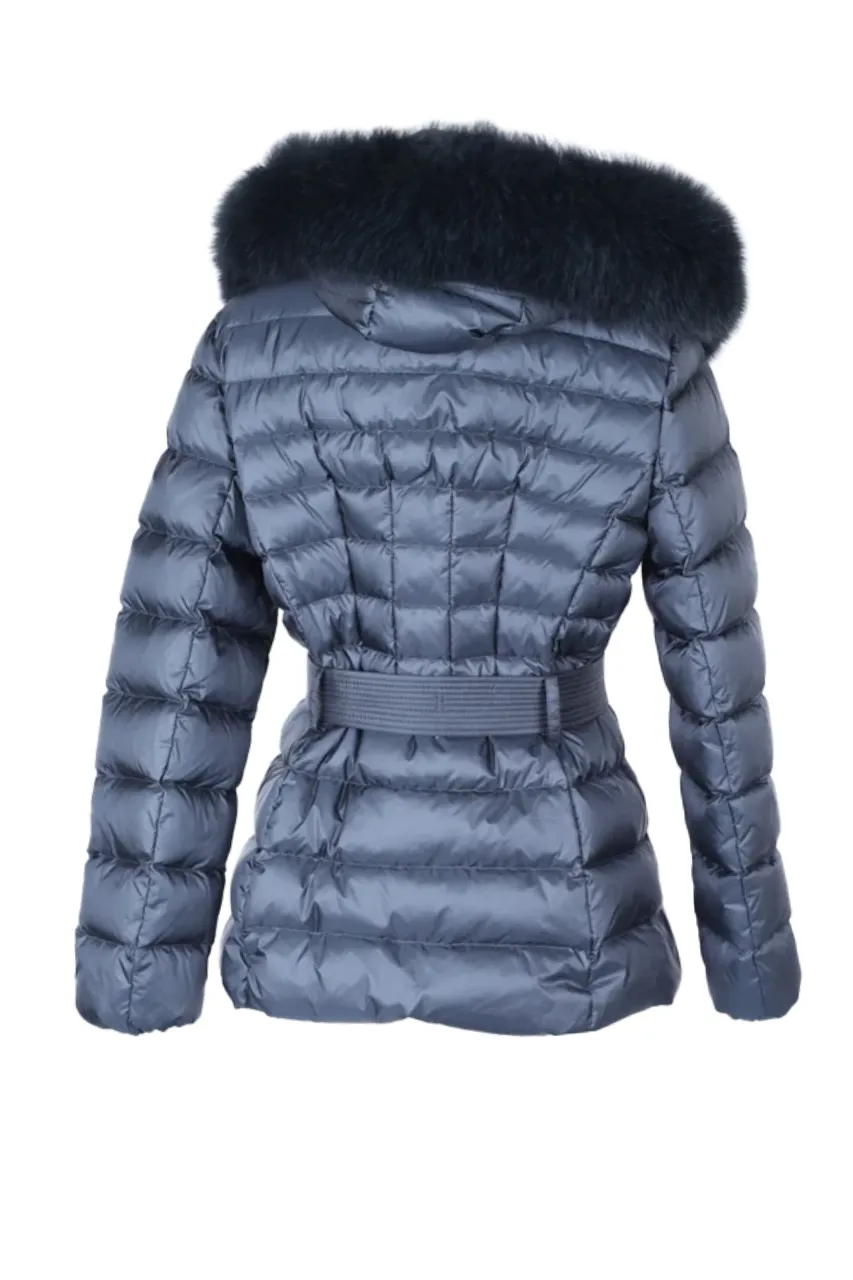 Belted Down Filled Puffer Jacket w/ Fur Hood