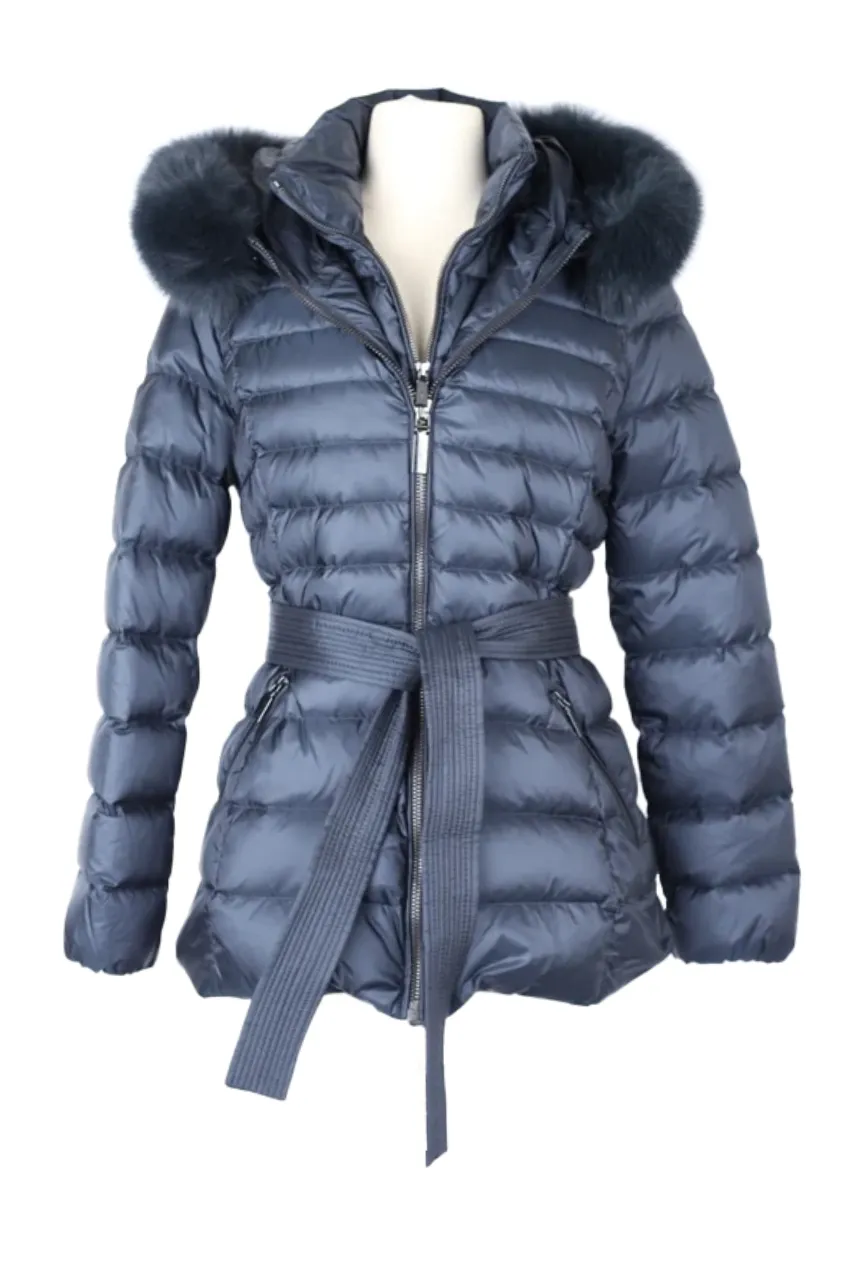 Belted Down Filled Puffer Jacket w/ Fur Hood