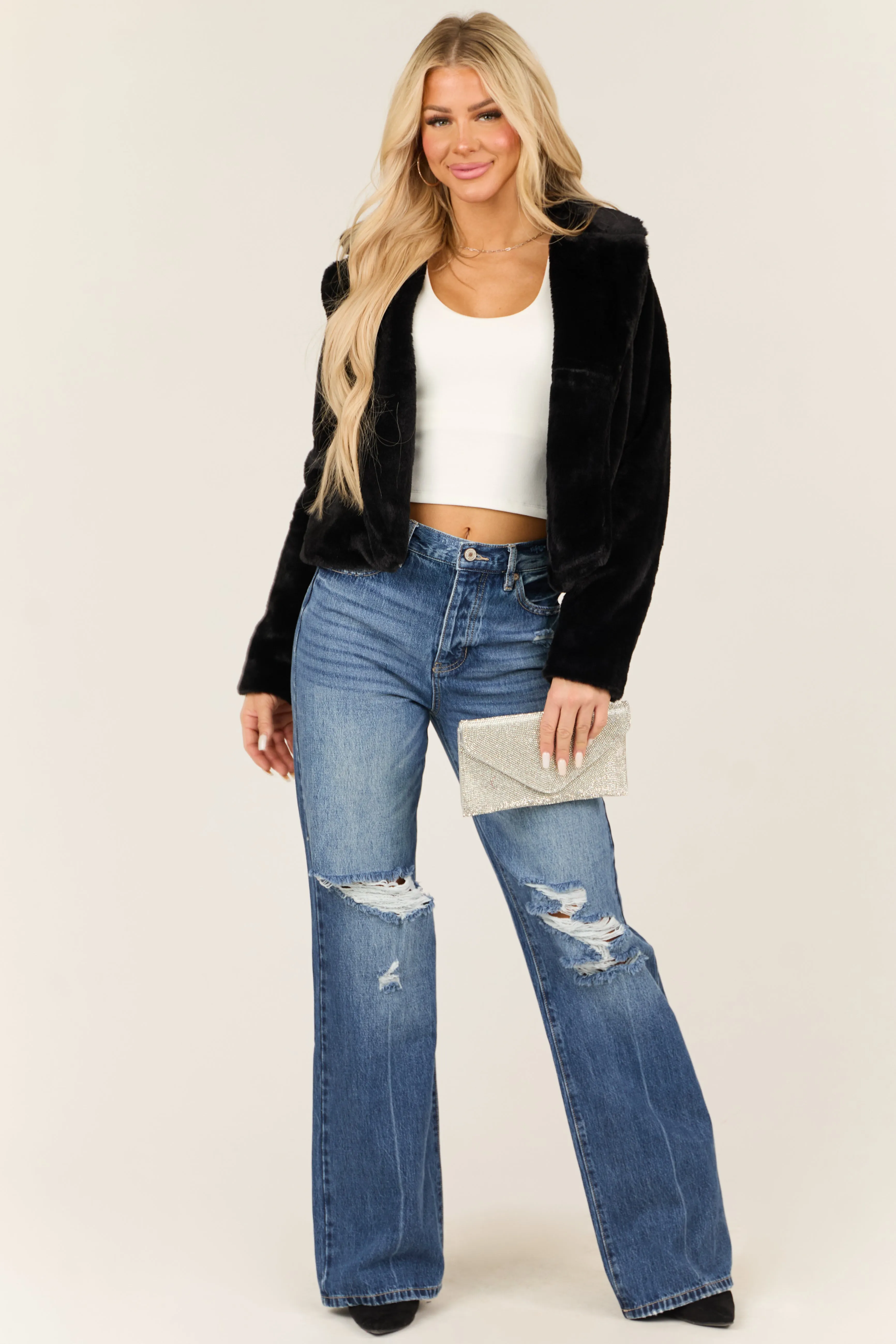 Black Faux Fur Lapel Collar Open Front Jacket