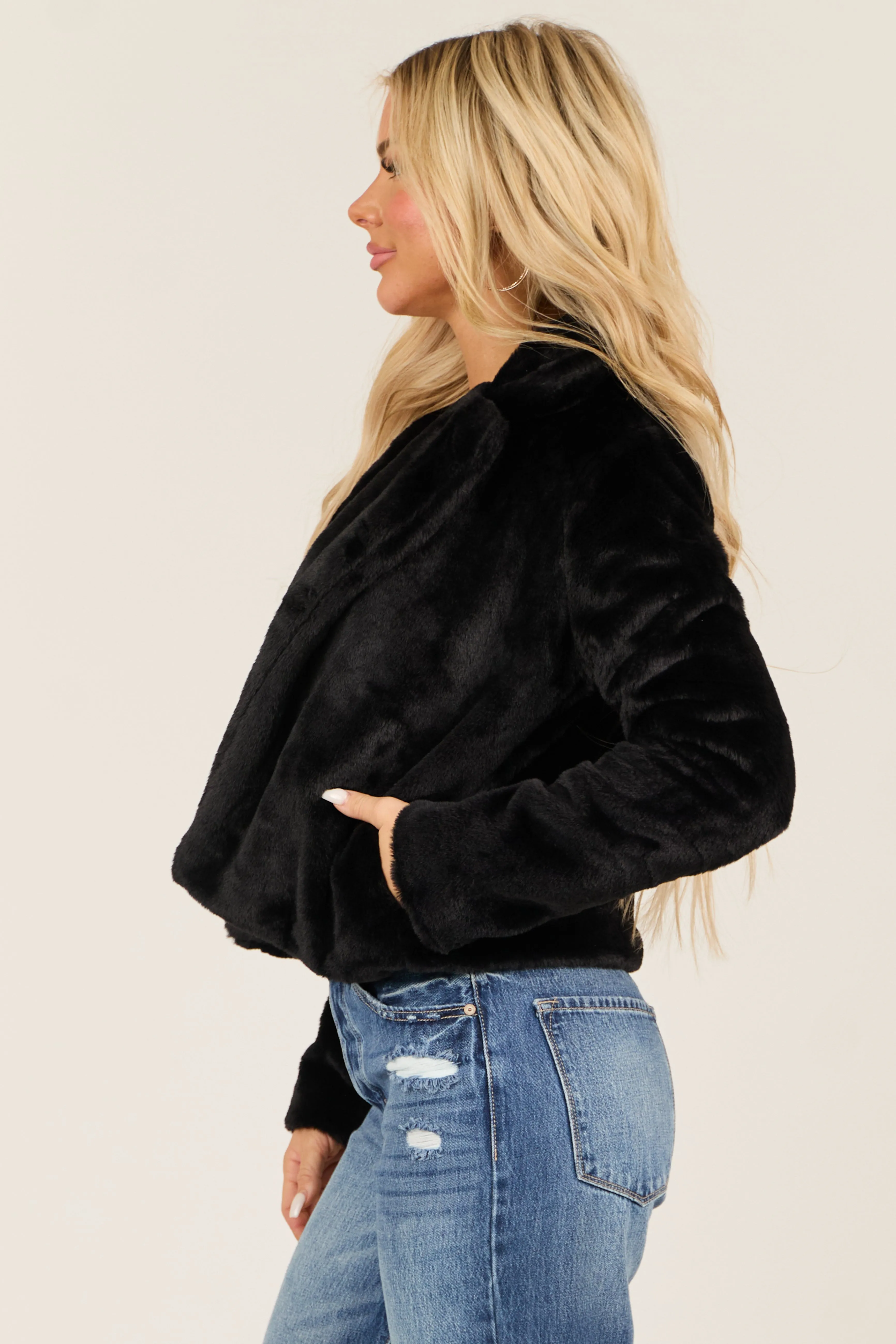 Black Faux Fur Lapel Collar Open Front Jacket