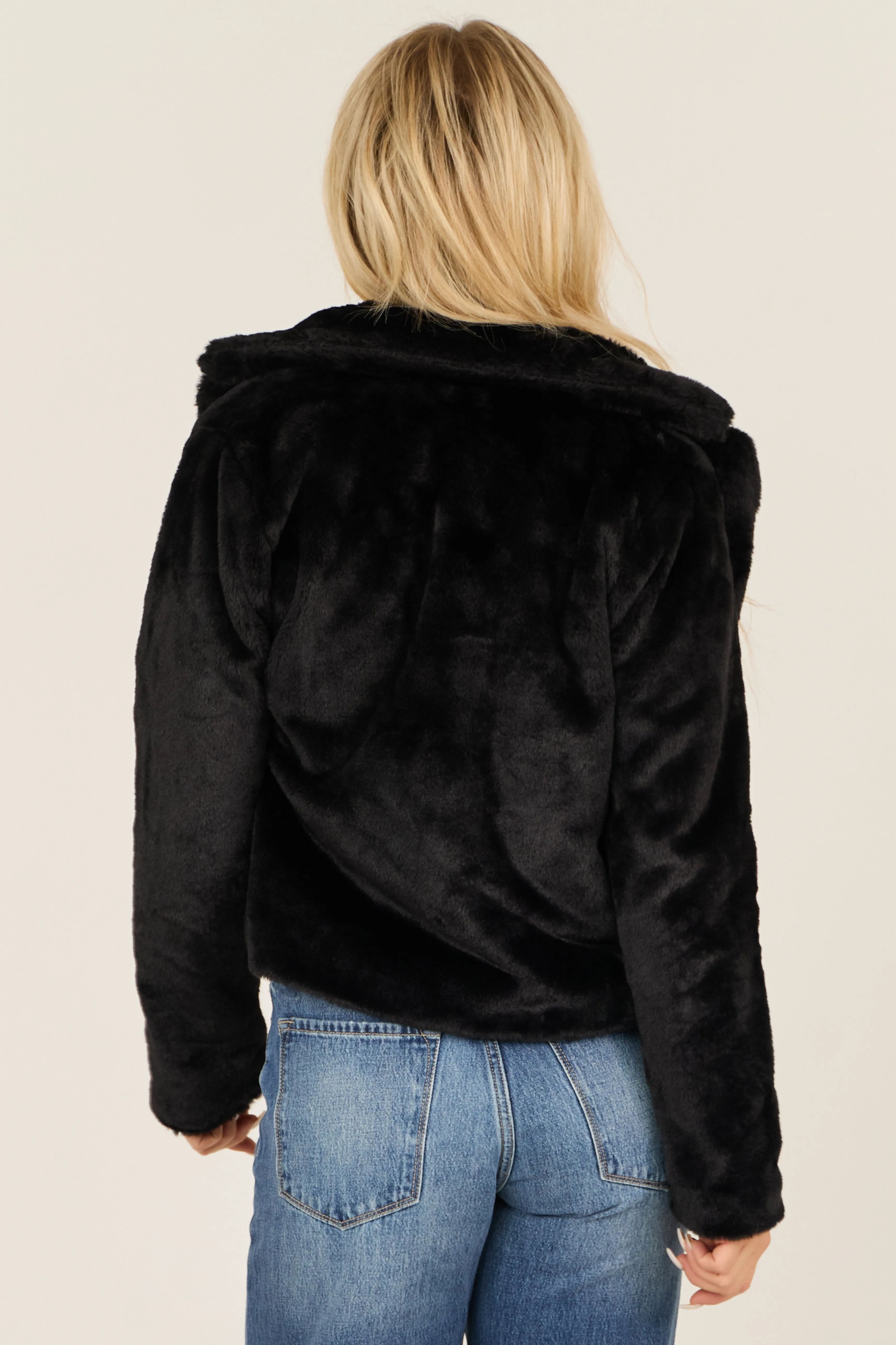 Black Faux Fur Lapel Collar Open Front Jacket