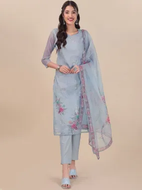 Blue Floral Embroidered Thread Work Kurta & Trousers With Dupatta