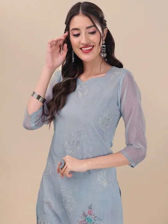 Blue Floral Embroidered Thread Work Kurta & Trousers With Dupatta