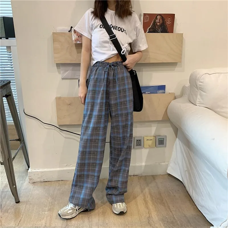 Blue Retro Plaid High Waist Loose Pants