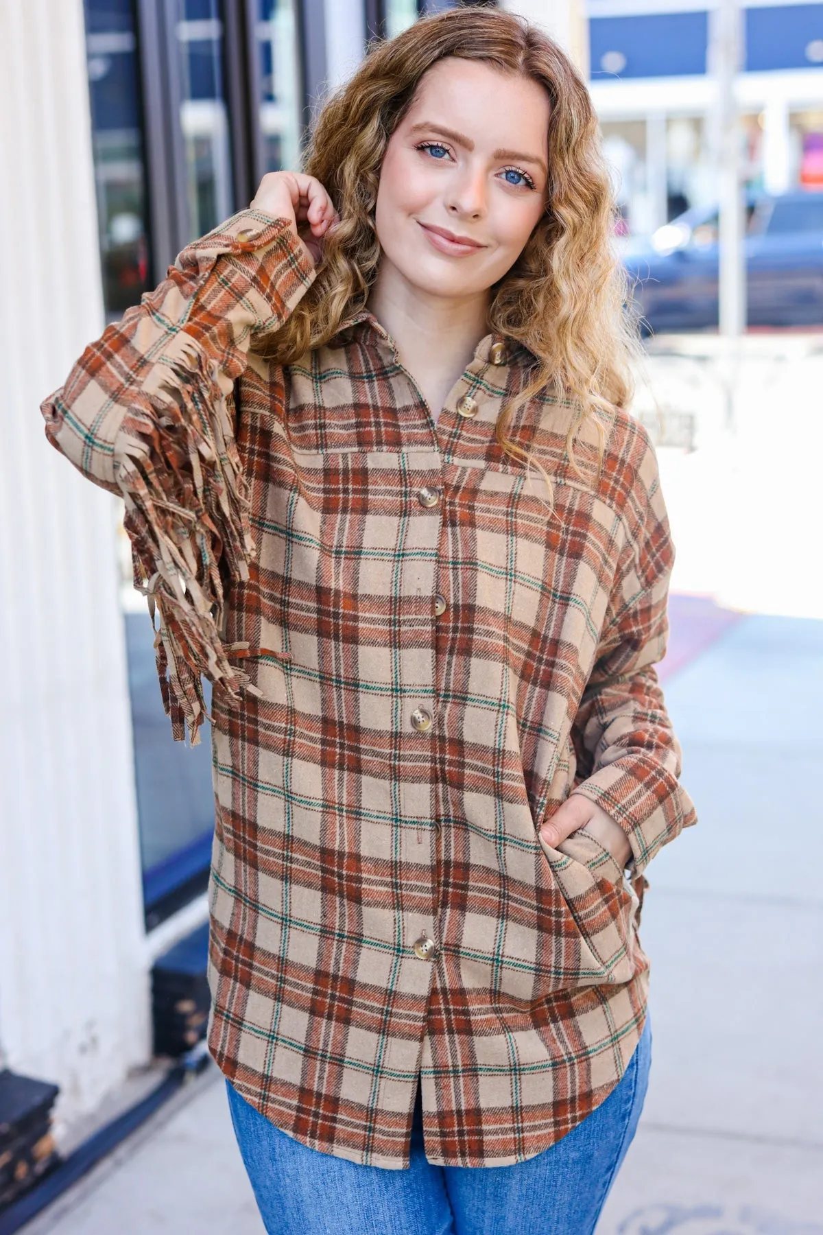 Boldly You Taupe & Rust Flannel Plaid Fringe Jacket