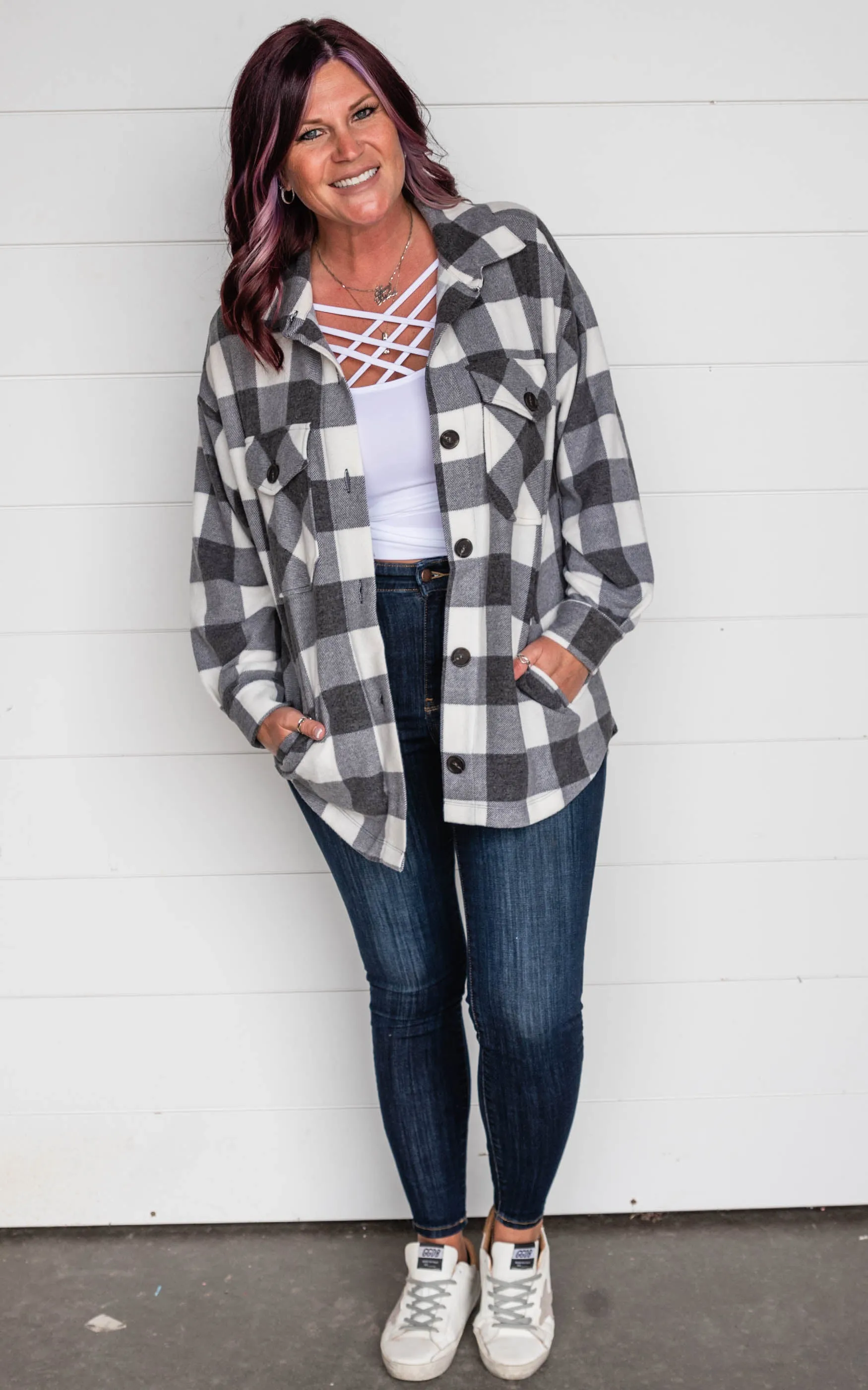 Brushed Buffalo Plaid Top - Off White