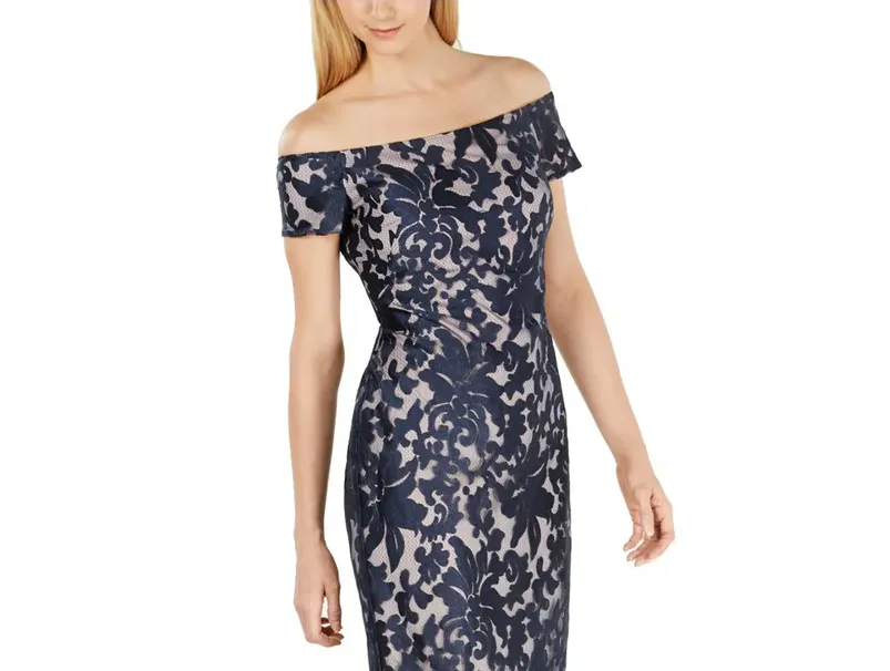 CALVIN KLEIN Off Shoulder Embroidered Fishtail Dress in Navy