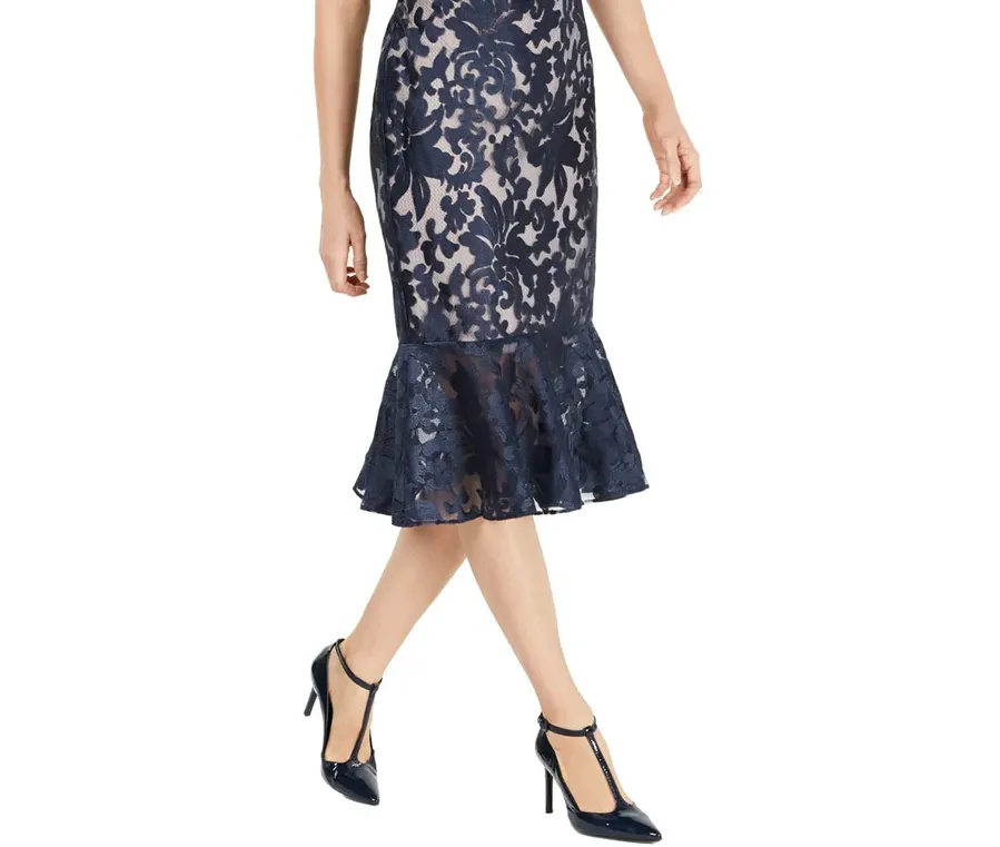 CALVIN KLEIN Off Shoulder Embroidered Fishtail Dress in Navy