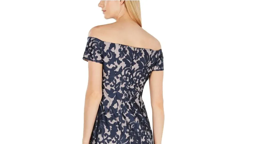 CALVIN KLEIN Off Shoulder Embroidered Fishtail Dress in Navy