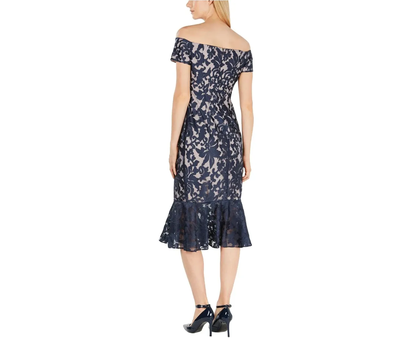 CALVIN KLEIN Off Shoulder Embroidered Fishtail Dress in Navy