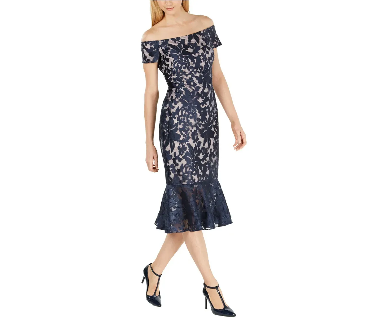 CALVIN KLEIN Off Shoulder Embroidered Fishtail Dress in Navy