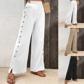 Casual Solid Color Multi Button Foot Opening Elastic Belt Style High Waist Retro Pants