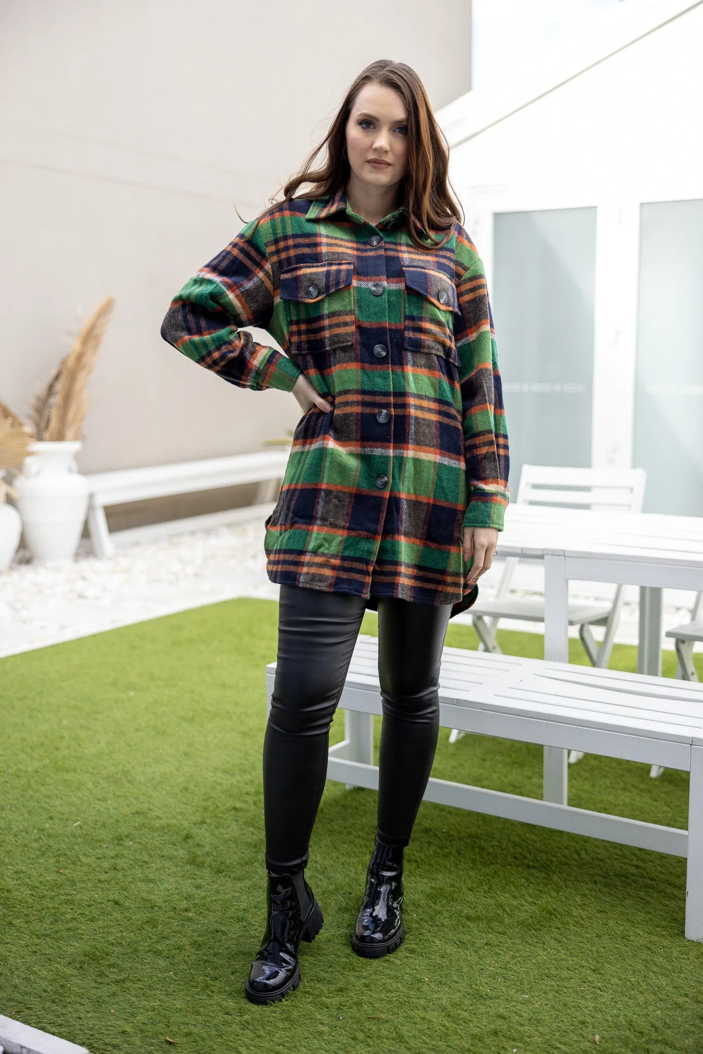 Checkered Curve Hem Shacket