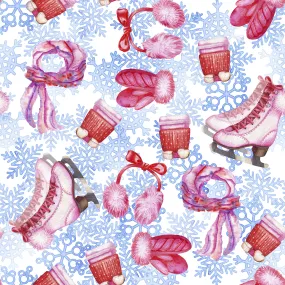 Christmas Fabric, Skating Fabric with Snowflakes, Cotton or Fleece, 4001