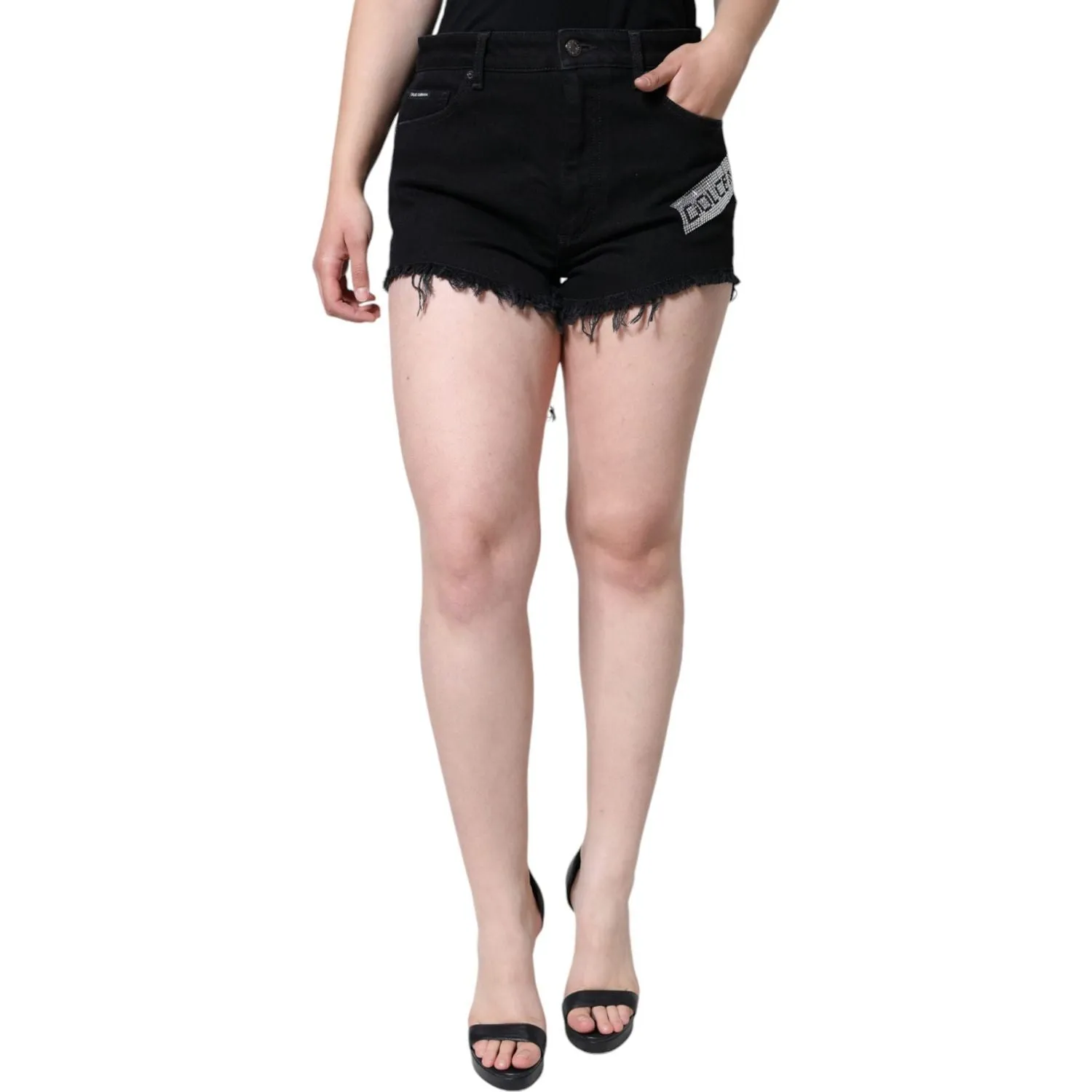 Dolce & Gabbana Black Cotton Stretch Strass Hot Pants Shorts