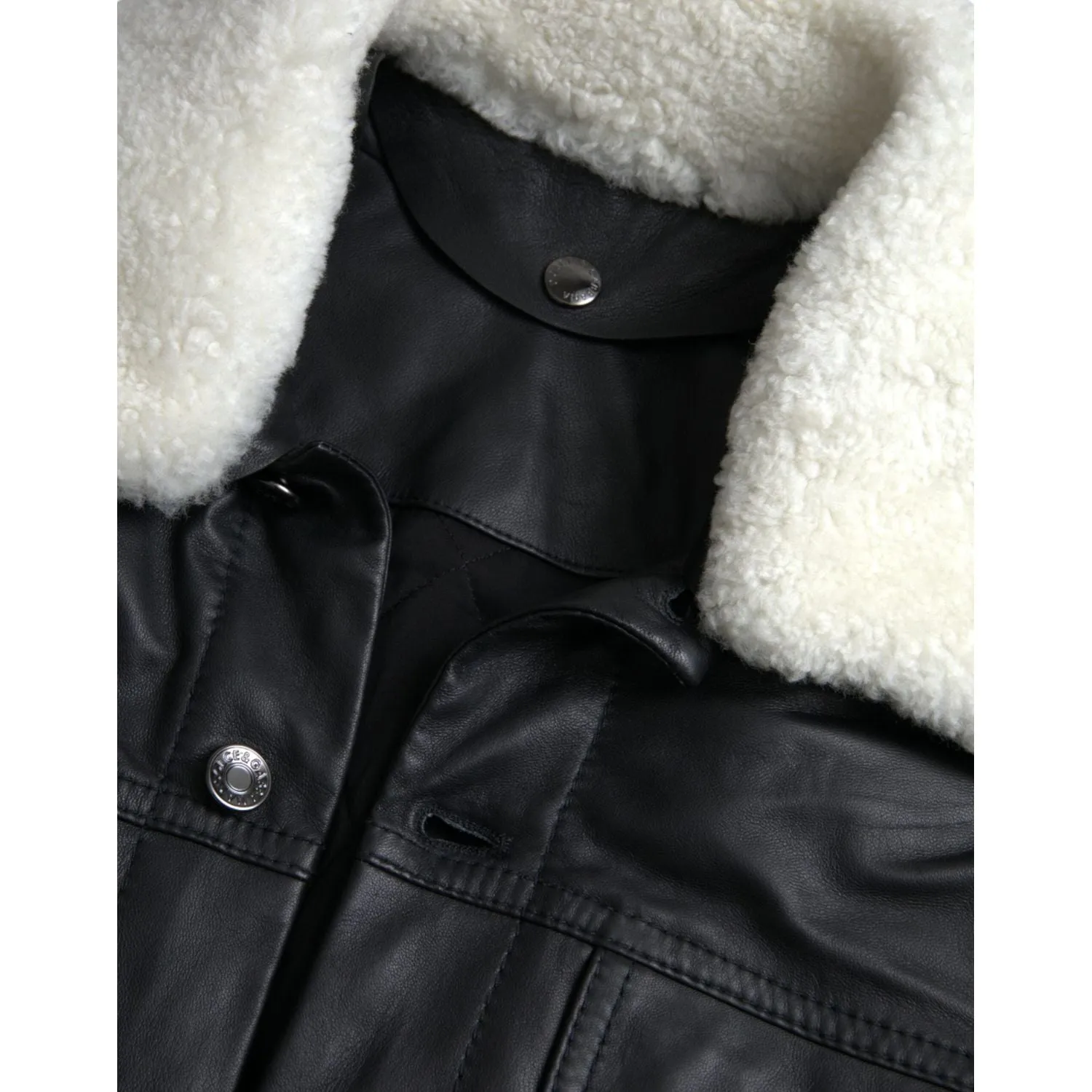 Dolce & Gabbana Black Leather Fur Collar Biker Coat Jacket