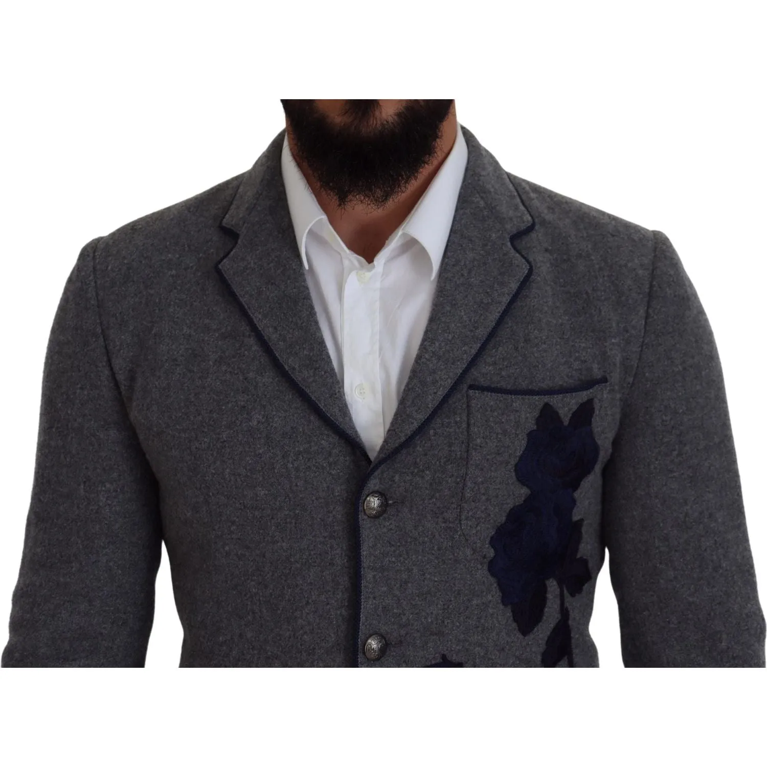 Dolce & Gabbana Elegant Gray Wool Blazer with Blue Rose Embroidery