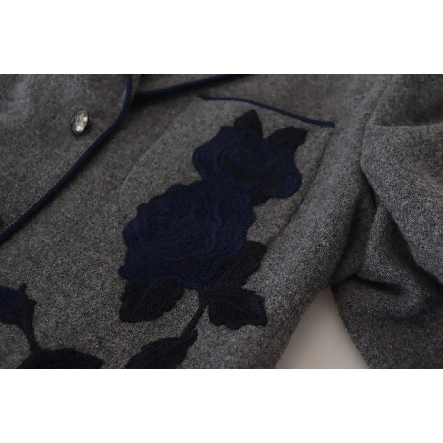 Dolce & Gabbana Elegant Gray Wool Blazer with Blue Rose Embroidery