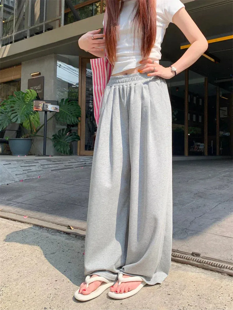 Elastic Wide Long Leg Fashion Casual Gray Black Waist Solid Pants