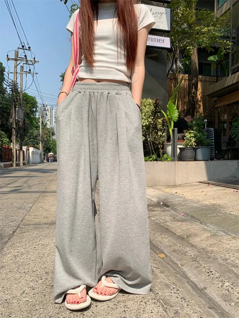 Elastic Wide Long Leg Fashion Casual Gray Black Waist Solid Pants