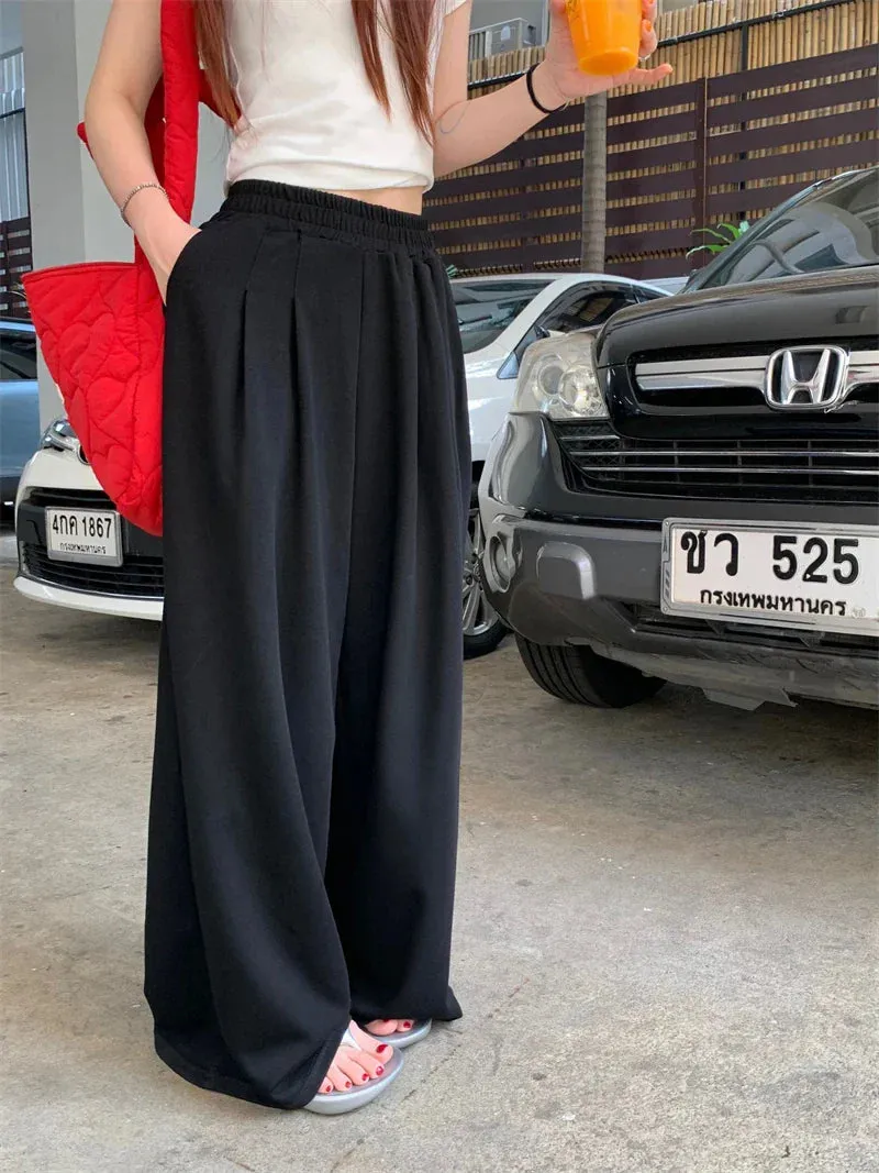 Elastic Wide Long Leg Fashion Casual Gray Black Waist Solid Pants