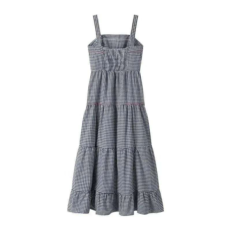 Embroidery Plaid Long Dresses Women Sleeveless Slip Midi Dress Woman Pleated Backless Beach Dress Vintage Summer Dress