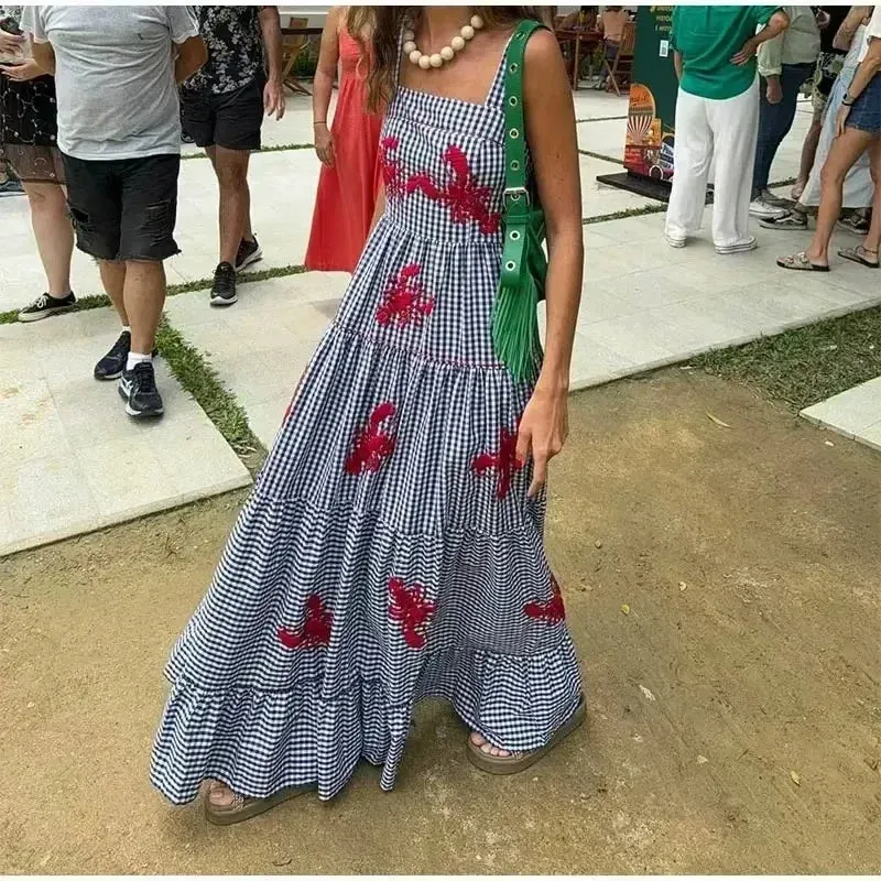 Embroidery Plaid Long Dresses Women Sleeveless Slip Midi Dress Woman Pleated Backless Beach Dress Vintage Summer Dress