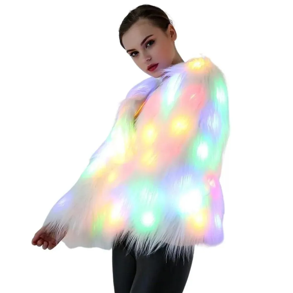 Faux Fur LED Light Up Party Coat: Up to 6XL Women's Festival, Clubbing, Party Jacket