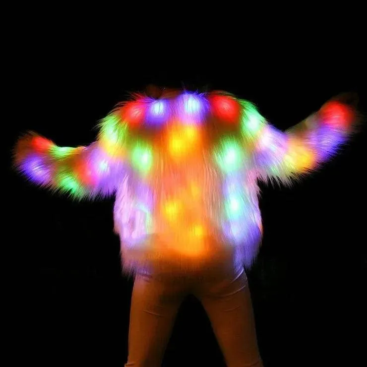 Faux Fur LED Light Up Party Coat: Up to 6XL Women's Festival, Clubbing, Party Jacket