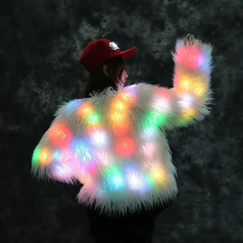 Faux Fur LED Light Up Party Coat: Up to 6XL Women's Festival, Clubbing, Party Jacket