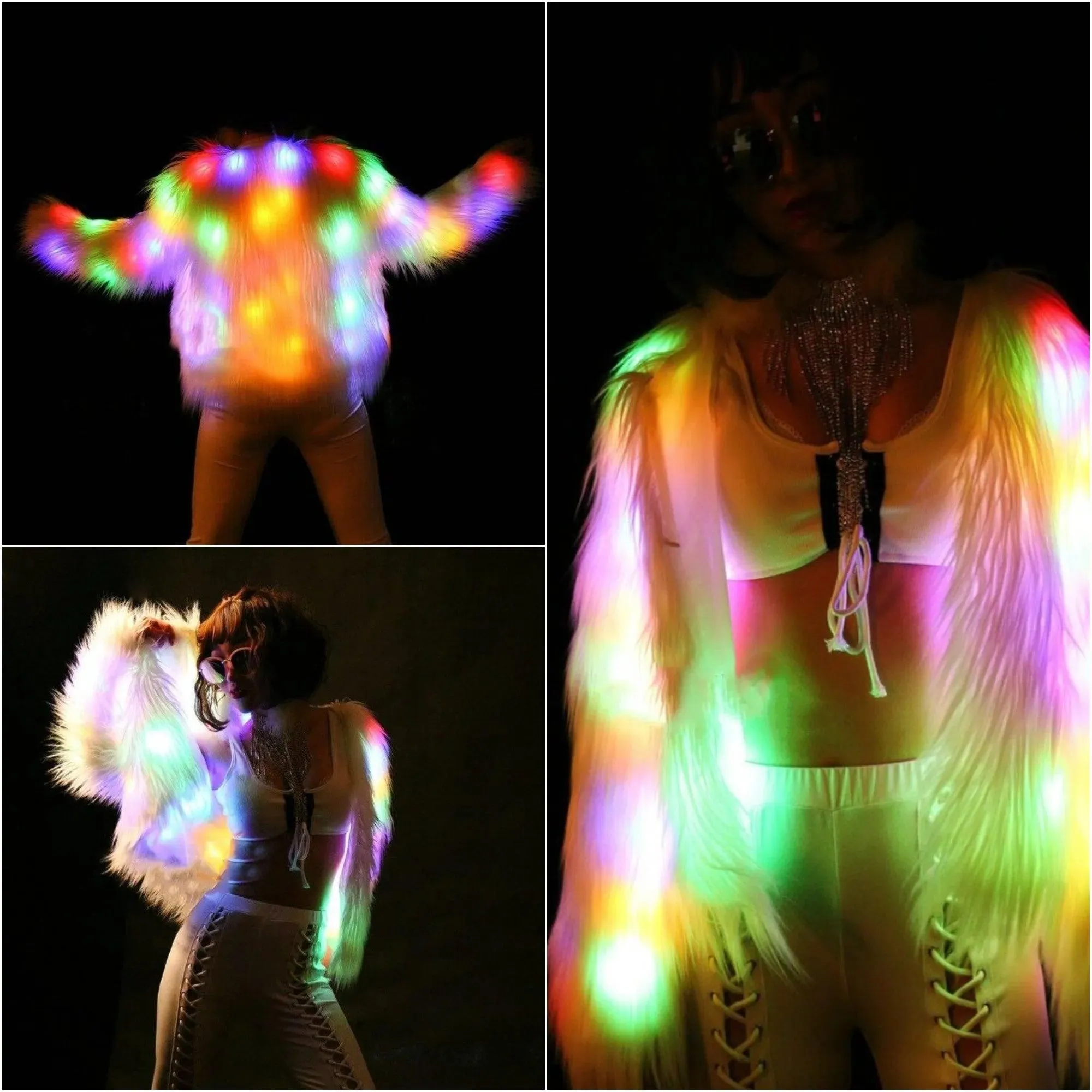 Faux Fur LED Light Up Party Coat: Up to 6XL Women's Festival, Clubbing, Party Jacket