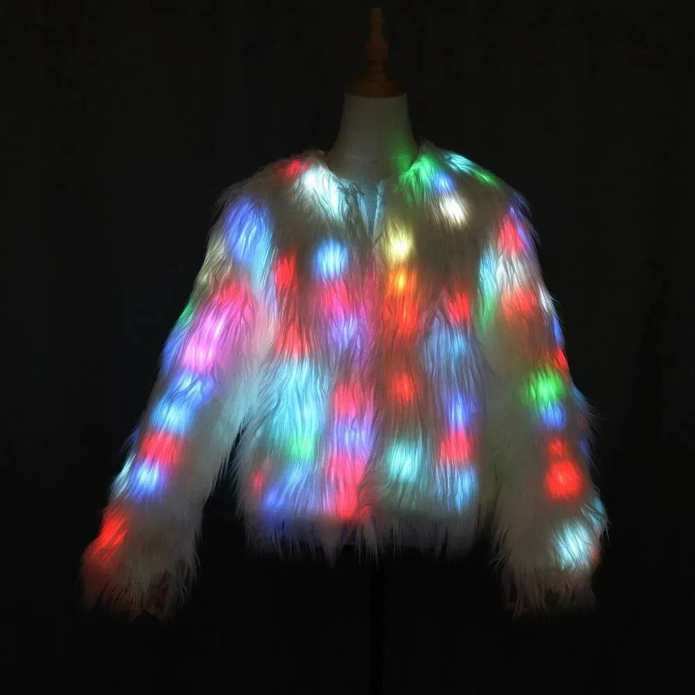 Faux Fur LED Light Up Party Coat: Up to 6XL Women's Festival, Clubbing, Party Jacket