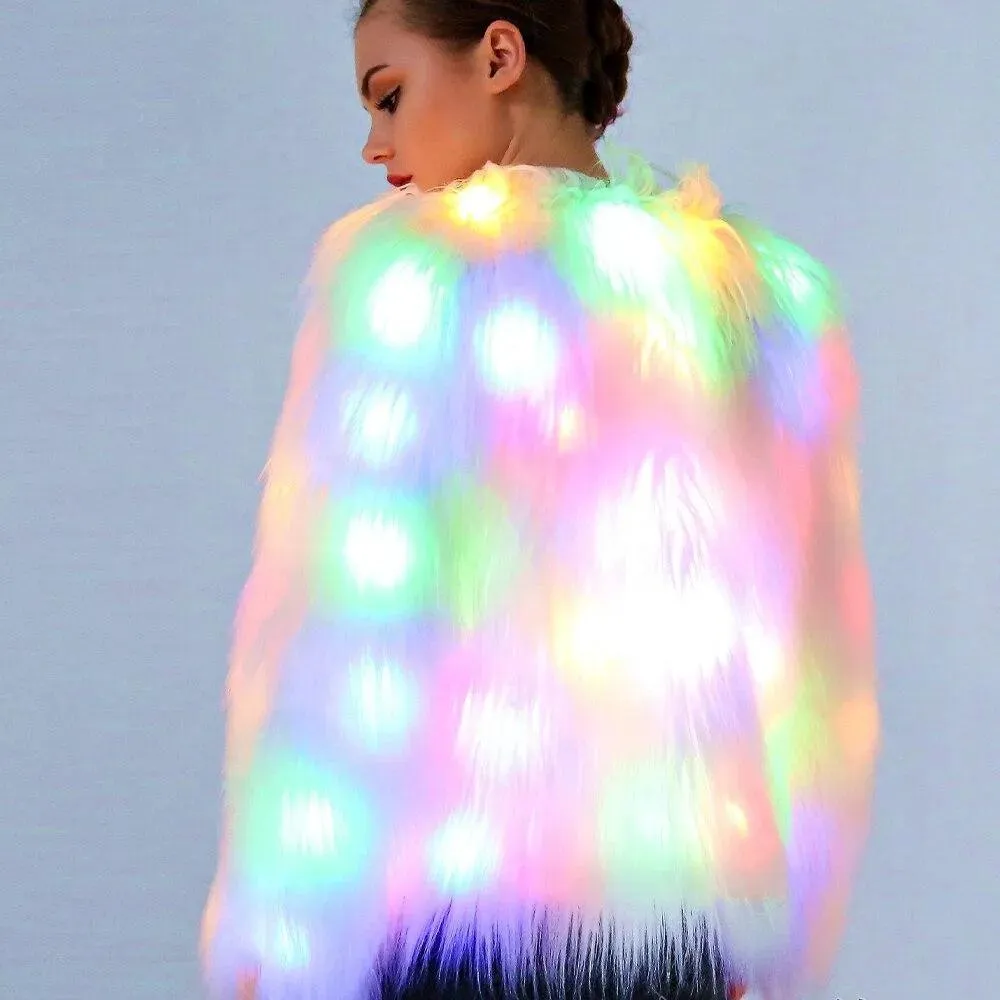 Faux Fur LED Light Up Party Coat: Up to 6XL Women's Festival, Clubbing, Party Jacket