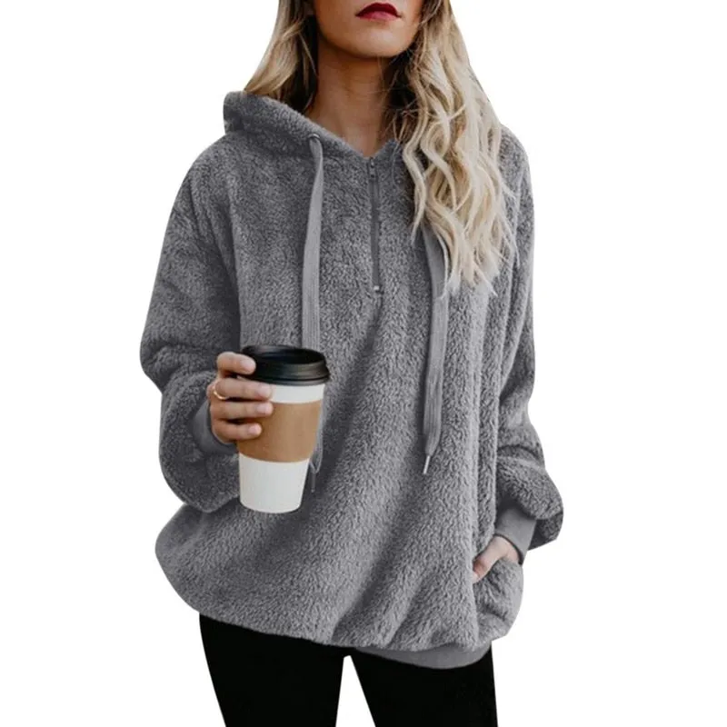 Fleece Long Sleeve Hooded Pullover Sweatshirt Autumn Winter Warm Zipper Pocket Fur Coat For Women