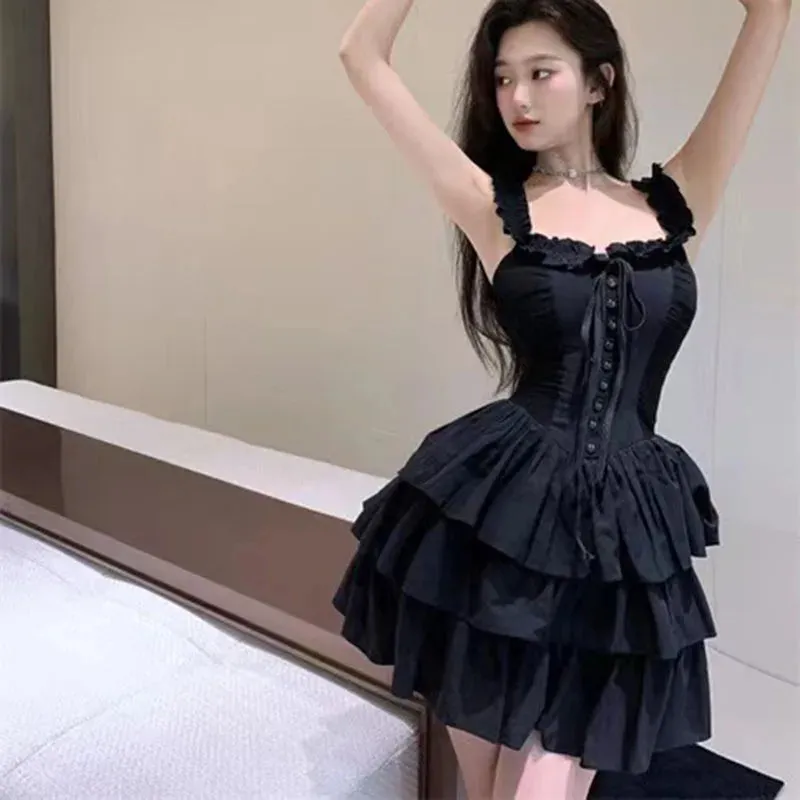 Gothic Black Sexy Slip Dress Y2K Harajuku Streetwear Punk Lace Up Cake Dress Female Summer Korean Fashion Party Ruffles Dresses