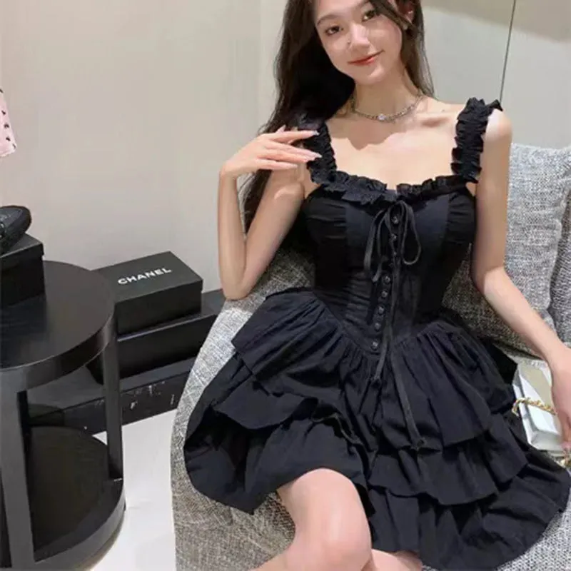 Gothic Black Sexy Slip Dress Y2K Harajuku Streetwear Punk Lace Up Cake Dress Female Summer Korean Fashion Party Ruffles Dresses