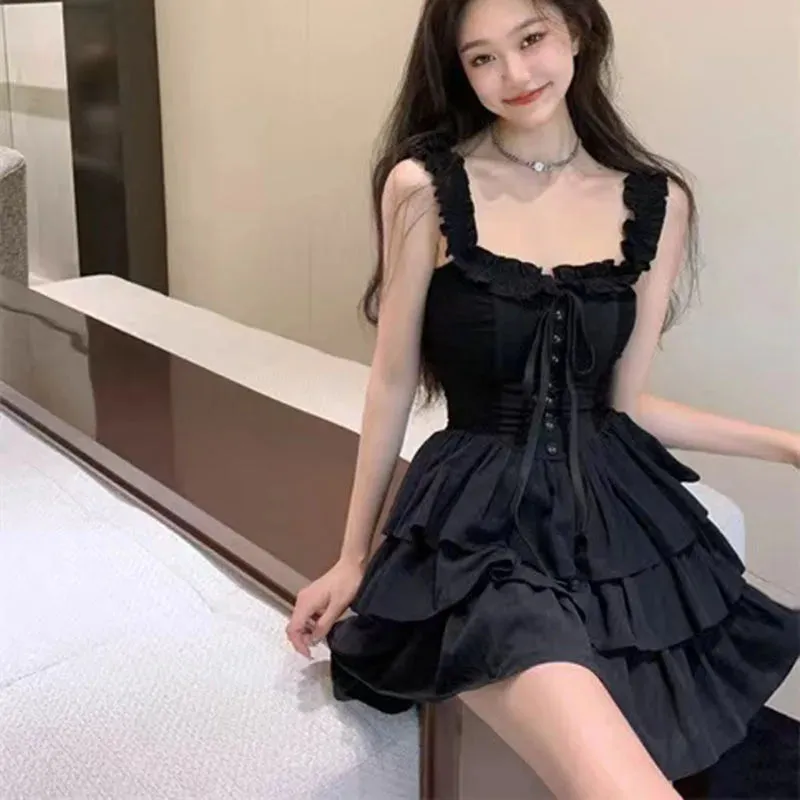 Gothic Black Sexy Slip Dress Y2K Harajuku Streetwear Punk Lace Up Cake Dress Female Summer Korean Fashion Party Ruffles Dresses