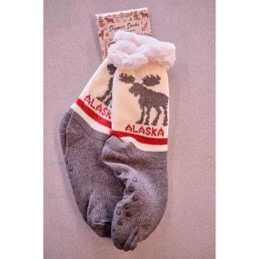 Gray and White Moose Alaska Slipper Socks