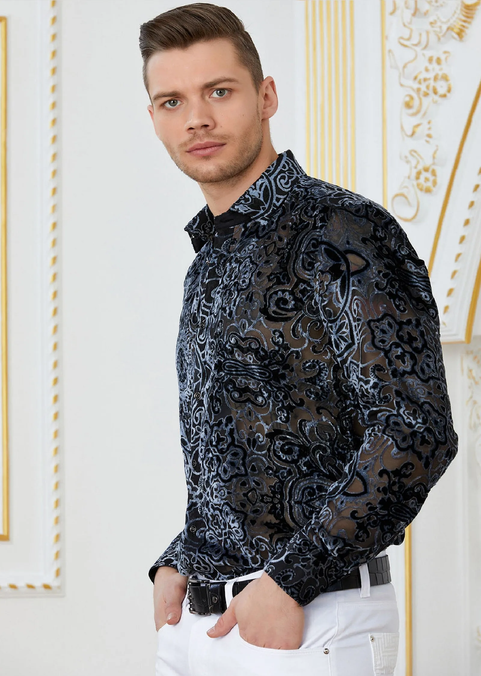 Gray Baroque Burnout Velvet Shirt